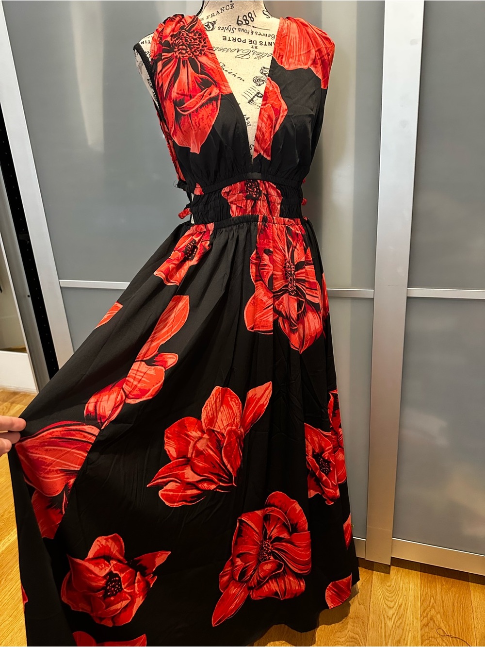 Black Maxi Dress with Red Floral Print